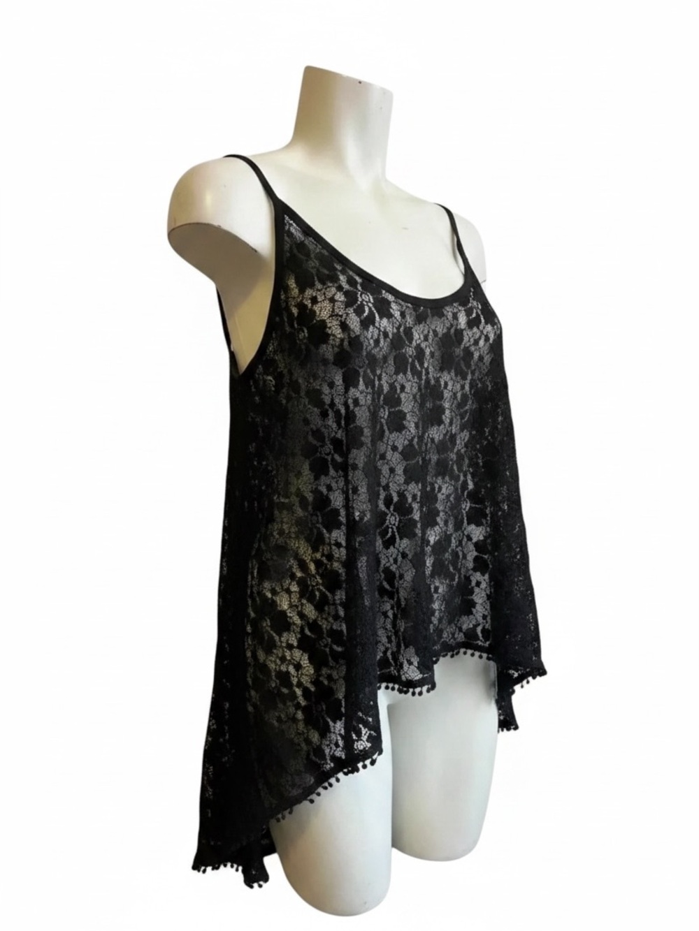 Vintage Poof Black Lace Negligee Top | Sheer High Low Camisole | Y2K Lingerie